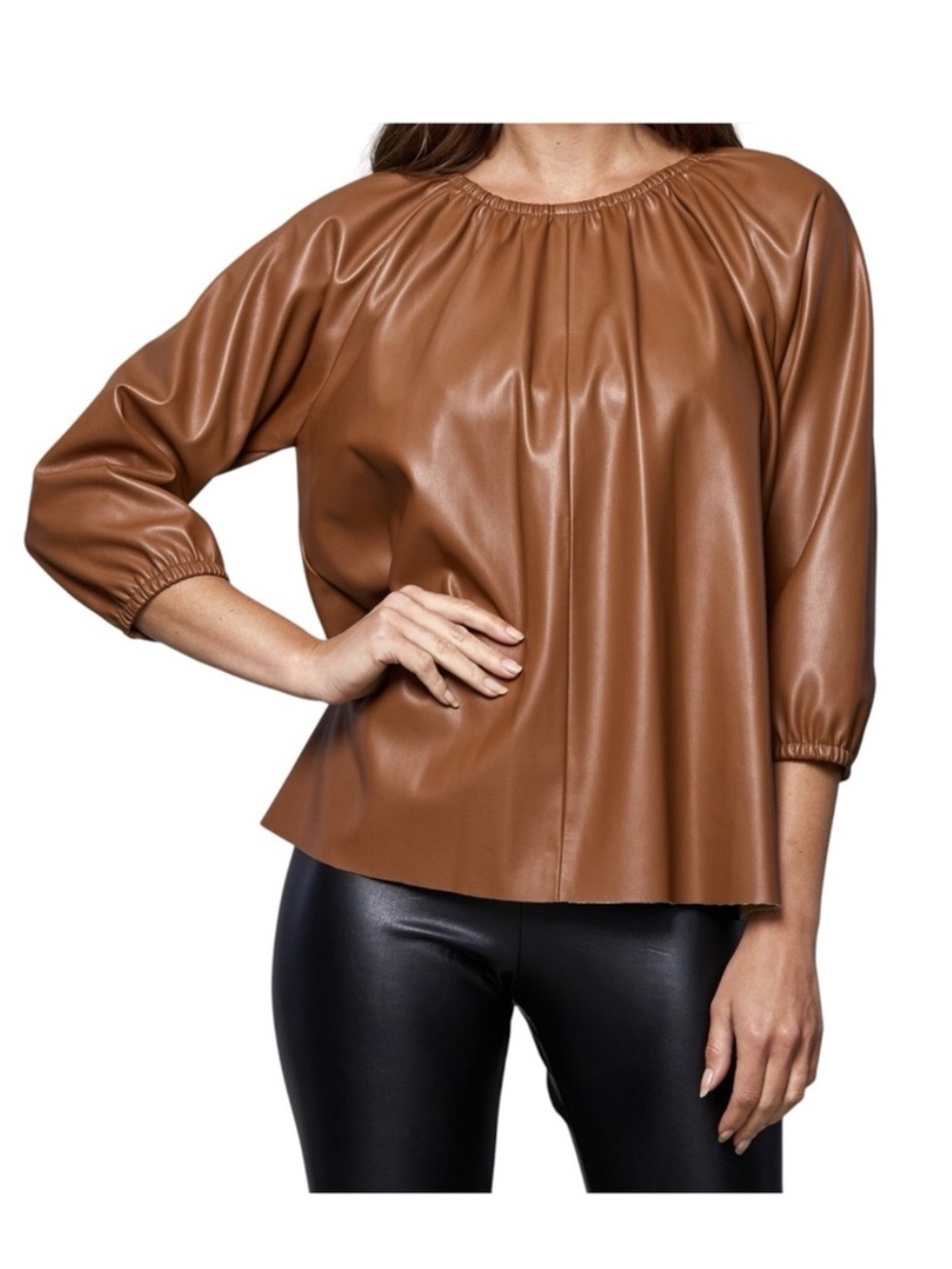 Dolce Cabo Faux Leather Brown Peasant Top